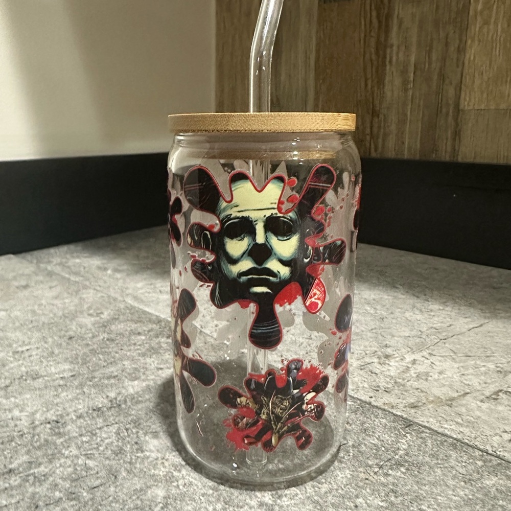 Haunted Jason Chucky Jigsaw Themed Glass Tumbler with Bamboo Lid